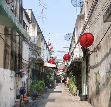 Bangkok Walking Tour Thonburi Neighbourhood Street with Red Satellite Dishes